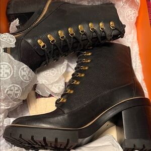 Tory Burch Black Lace-Up Boots with Gold Details